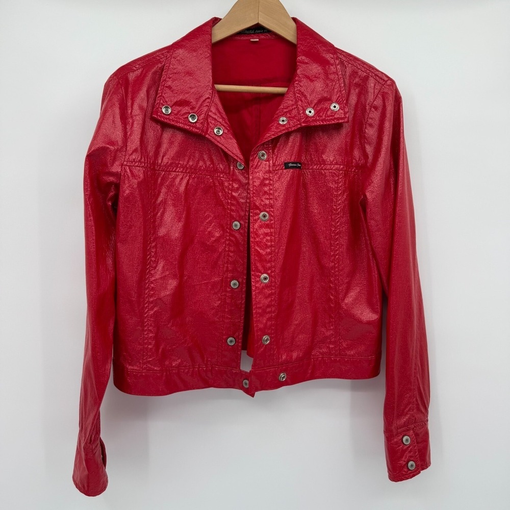 Vintage Guess Jeans Faux Leather Jacket Red Large Indie Sleaze Punk Costume